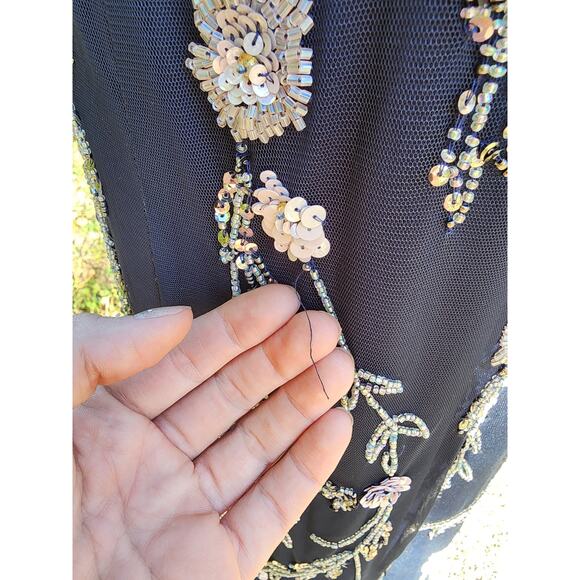 Adrianna Papell Navy Blue Blouson Floral Beaded V-Neck Formal Maxi Dress Sz 4 - Picture 7 of 8